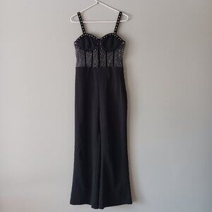 Double Crazy Bustier Jumpsuit Wide Leg Sequins Sheer Velvet Straps Black Large